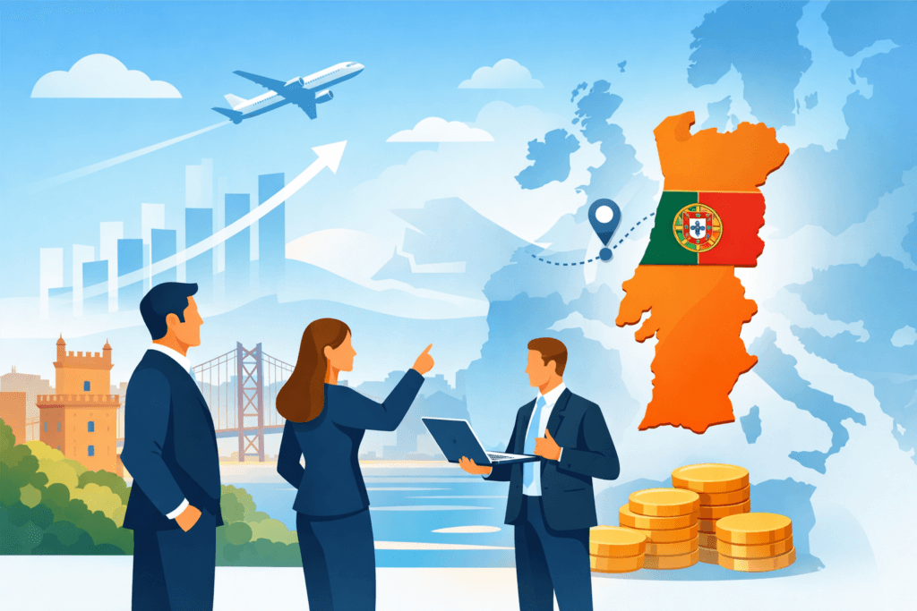 Illustration of global executives choosing Portugal as a base, with silhouettes, a map of Portugal with flag, and growth arrows.