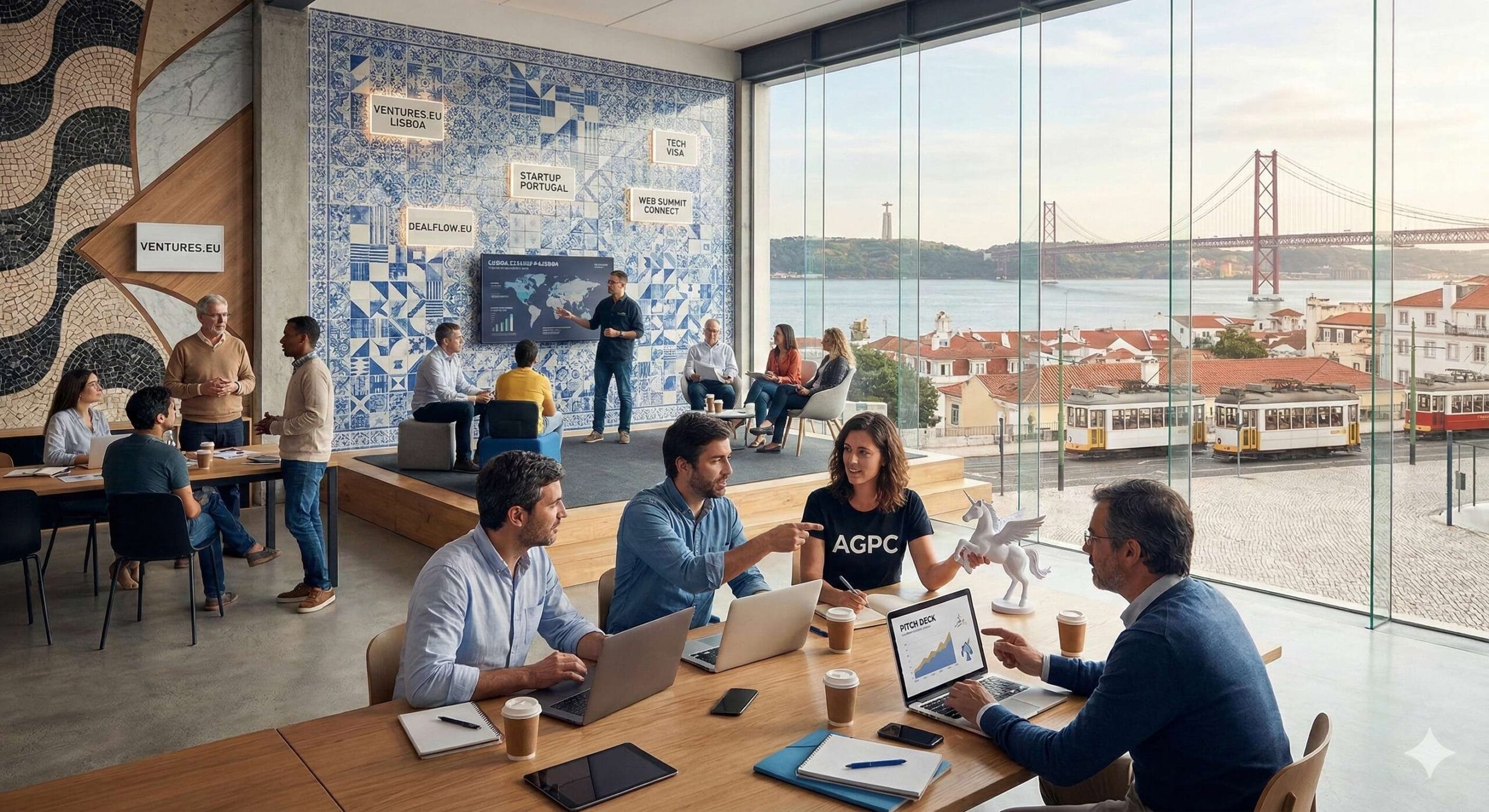 Founders meeting over a table in Lisbon